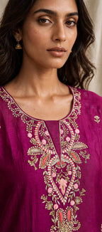 Gulnaar – Rani Pink Zari Embroidered Festive Suit Set with Scalloped Dupatta