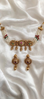 Mayuri – Antique Gold Finish Peacock Pearl Choker Set with Ghungroo Drops