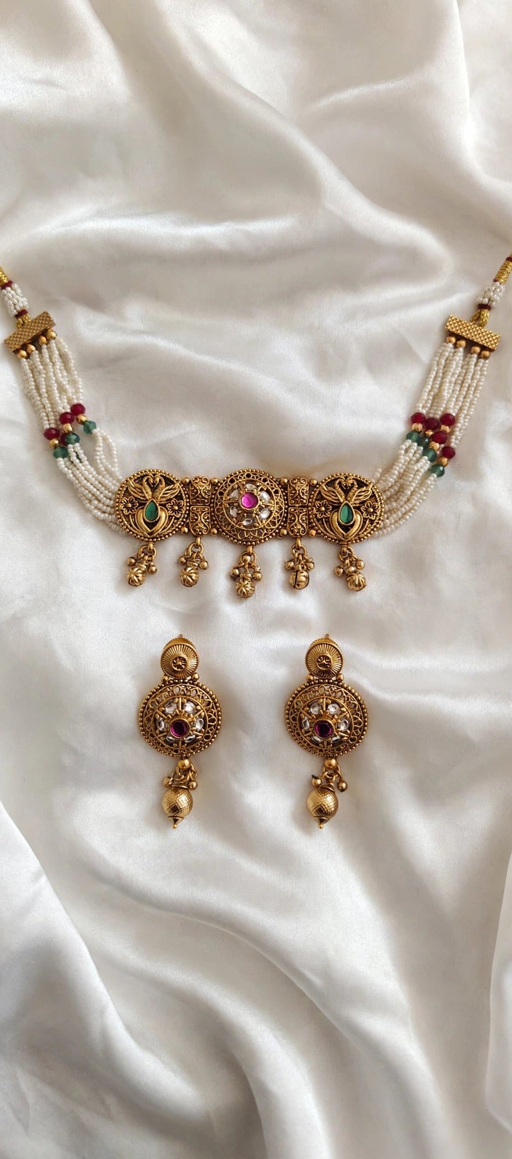 Mayuri – Antique Gold Finish Peacock Pearl Choker Set with Ghungroo Drops