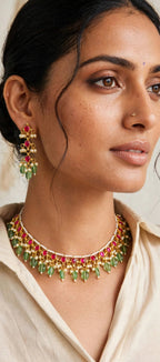 Ruby Pink & Mint Green Bead Drop Pearl Choker Necklace Set with Earrings