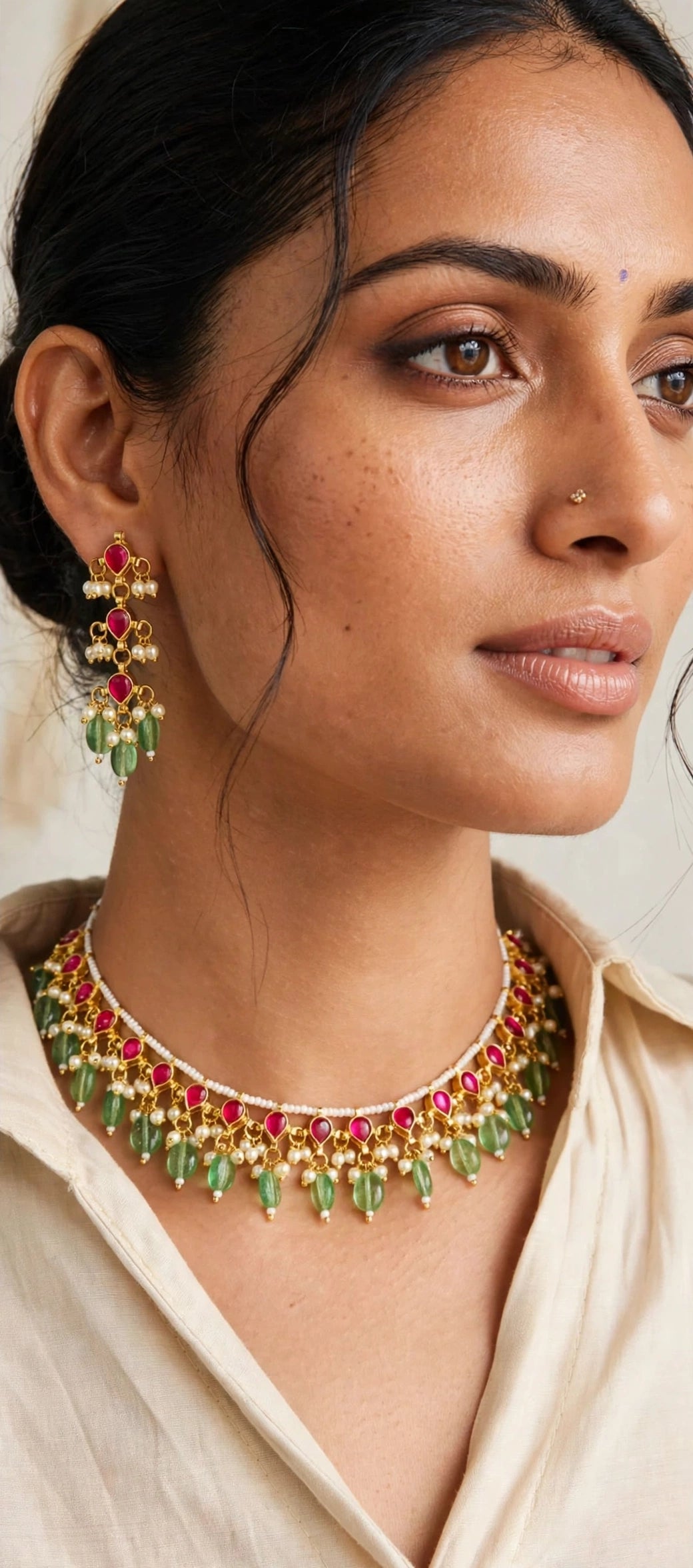 Ruby Pink & Mint Green Bead Drop Pearl Choker Necklace Set with Earrings
