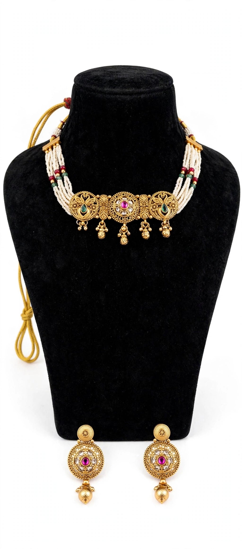 Mayuri – Antique Gold Finish Peacock Pearl Choker Set with Ghungroo Drops
