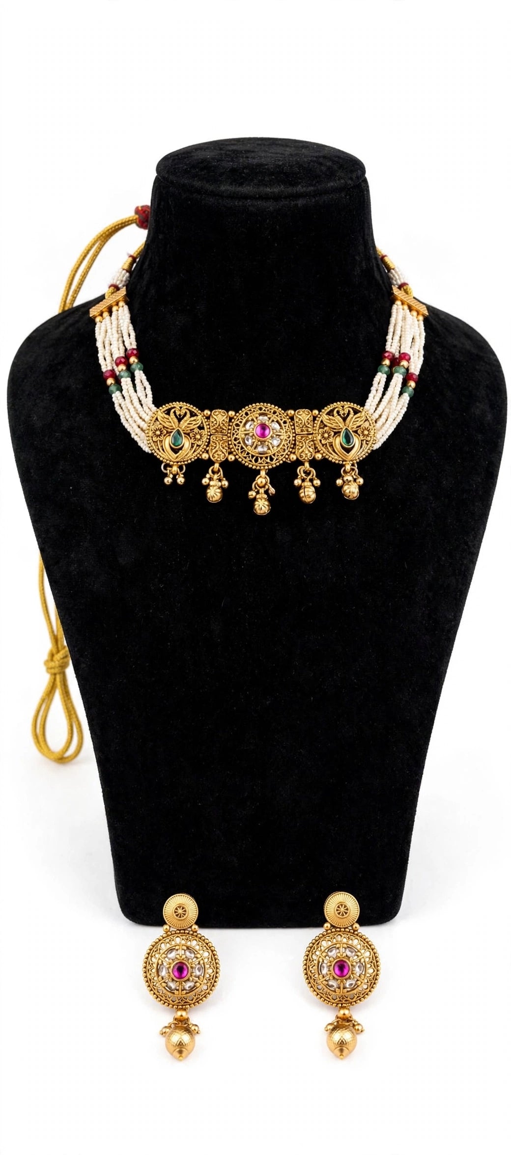 Mayuri – Antique Gold Finish Peacock Pearl Choker Set with Ghungroo Drops