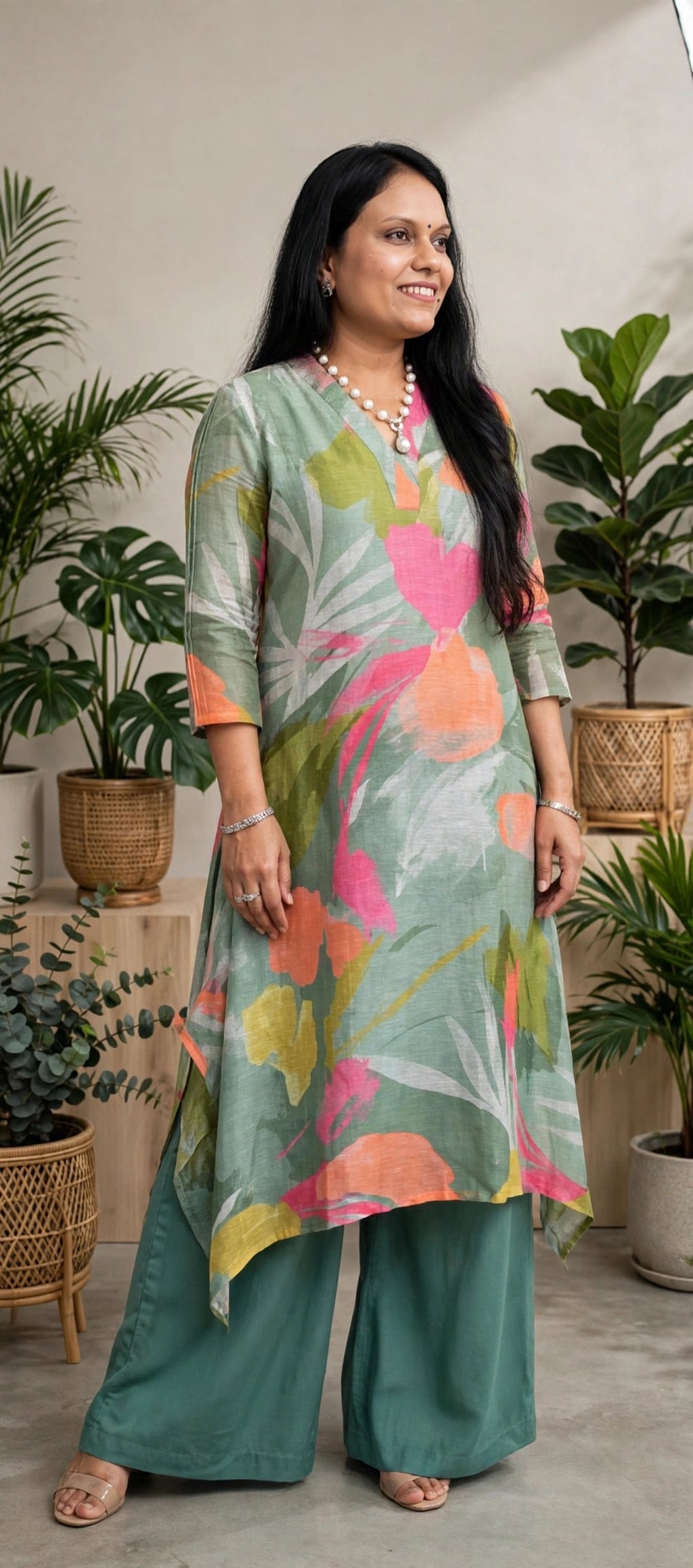 Essential Raw Silk Green Cotton Straight Kurta Palazzo Set