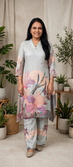 Sage Meadow Abstract Print Spun Cotton Kurta with Teal Palazzo Set