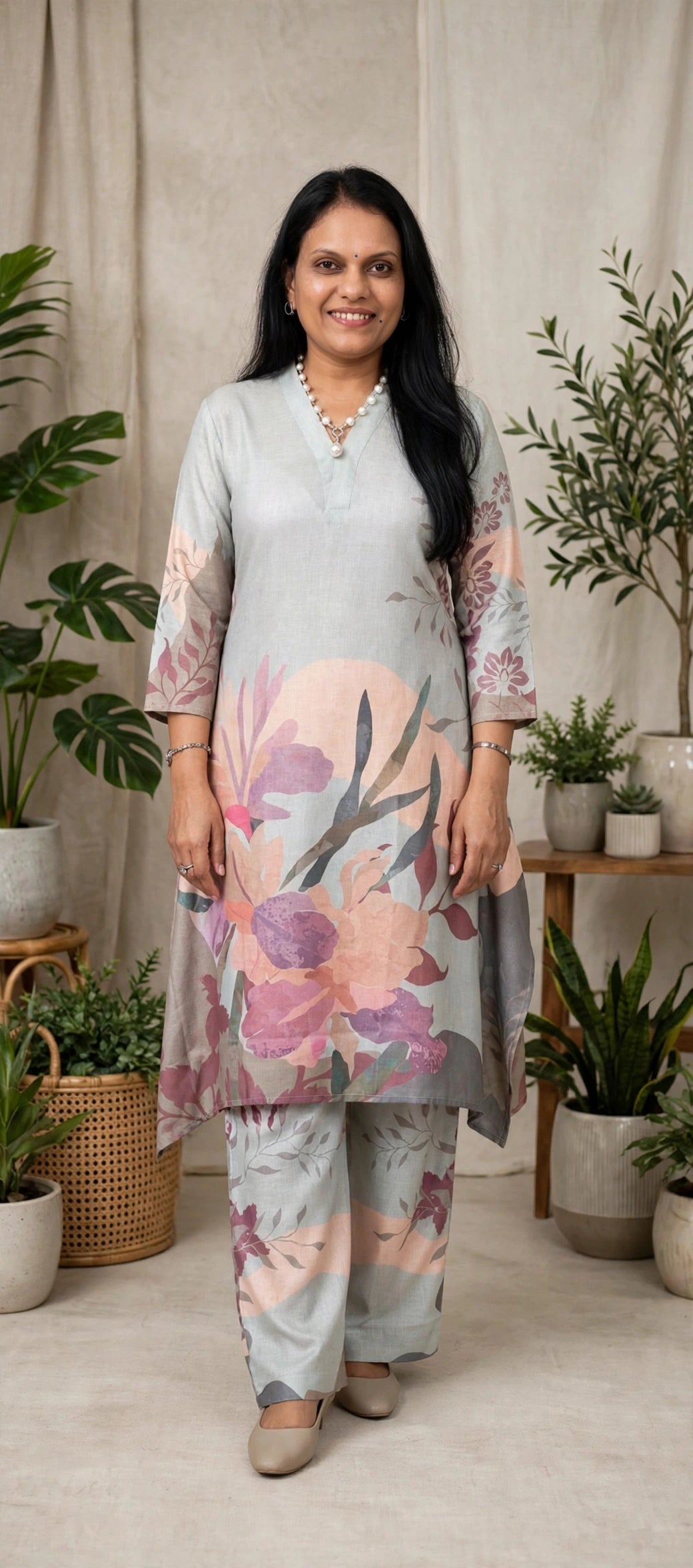 Sage Meadow Abstract Print Spun Cotton Kurta with Teal Palazzo Set