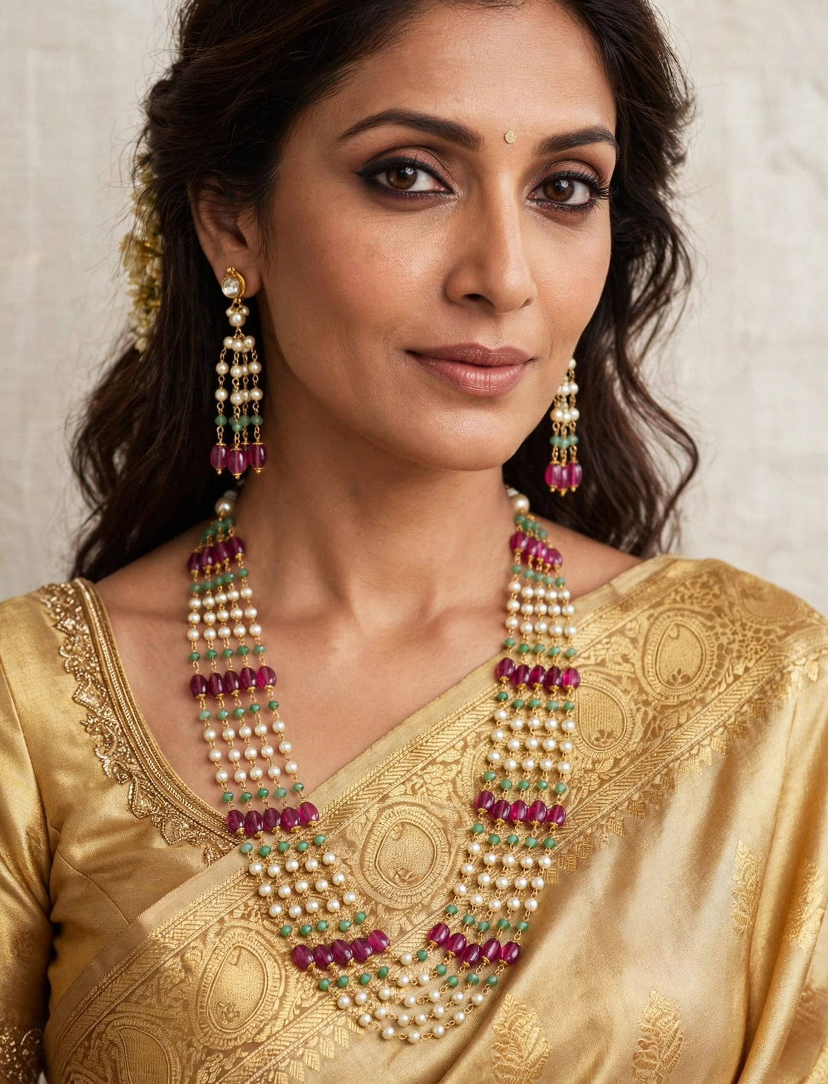 Multi-Strand Pearl Long Necklace Set with Ruby Pink & Green Beads and Tassel Earrings
