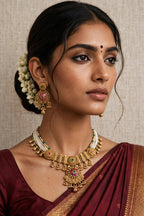 Rajwada – Antique Gold Finish Multi-Strand Pearl Necklace Set with Ruby-Pink Floral Pendant
