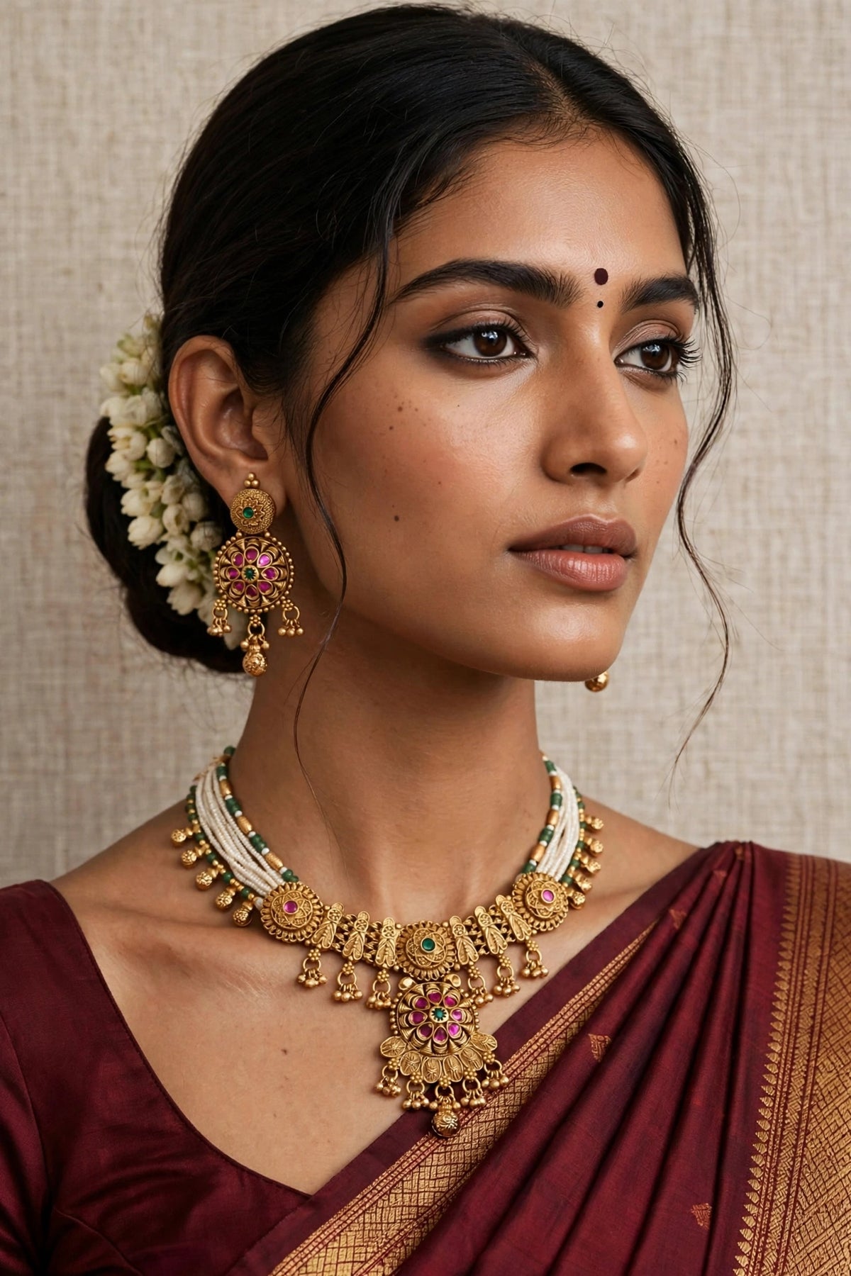 Rajwada – Antique Gold Finish Multi-Strand Pearl Necklace Set with Ruby-Pink Floral Pendant