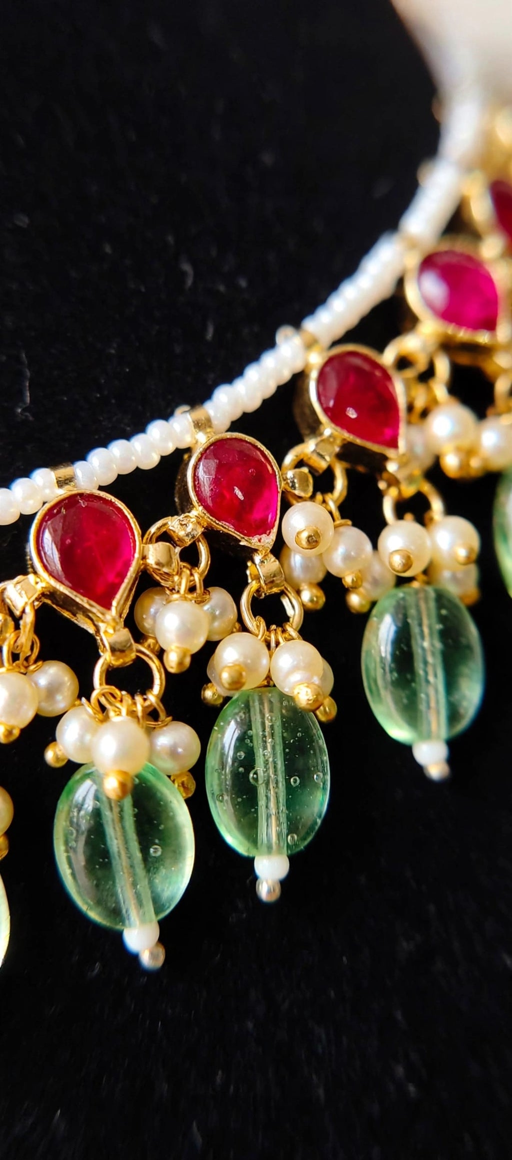 Ruby Pink & Mint Green Bead Drop Pearl Choker Necklace Set with Earrings