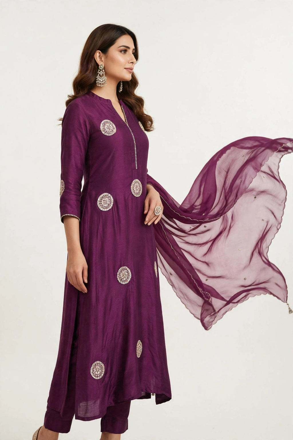 Noor-e-Jamun – Wine Purple Embellished A-Line Festive Suit Set with Organza Scalloped Dupatta
