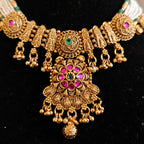 Rajwada – Antique Gold Finish Multi-Strand Pearl Necklace Set with Ruby-Pink Floral Pendant