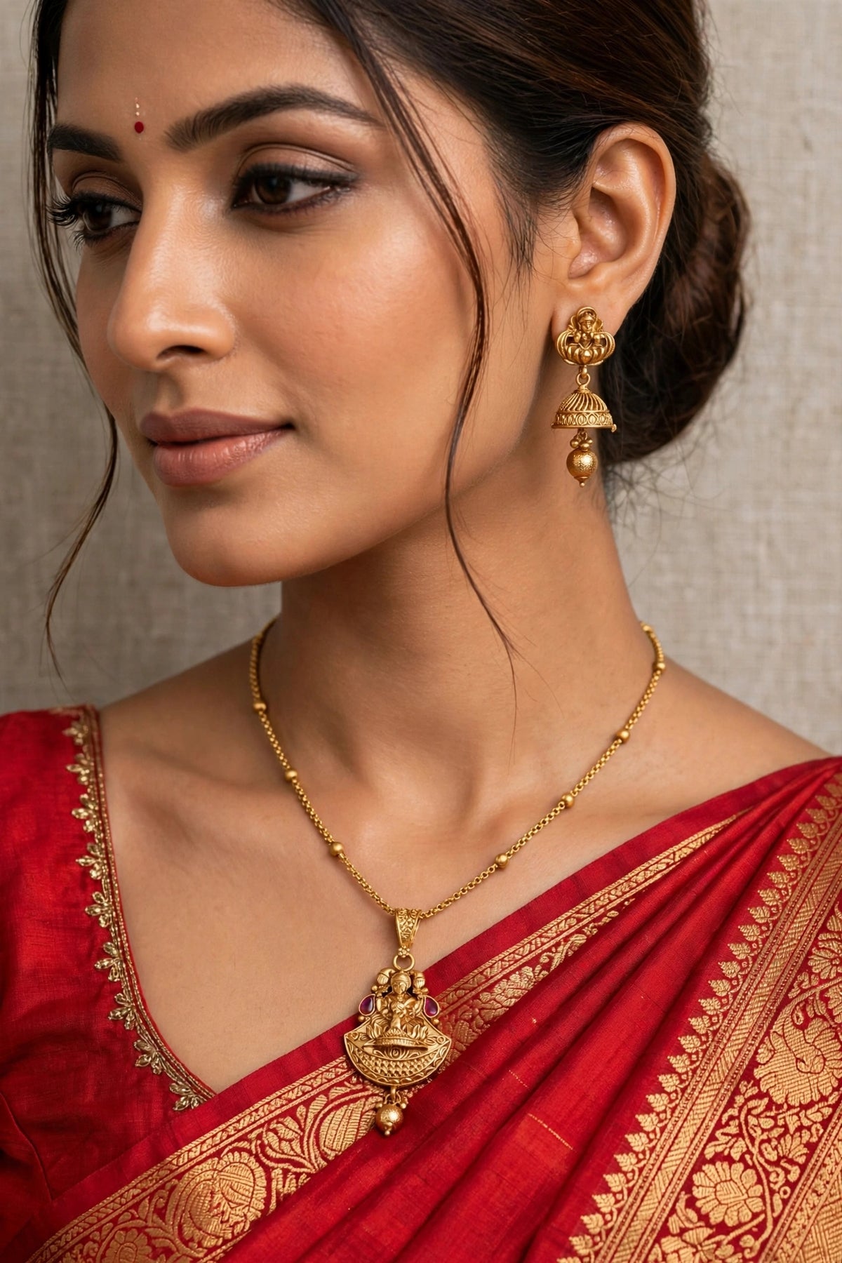 Shri – Antique Gold Finish Lakshmi Temple Pendant Set with Jhumka Earrings
