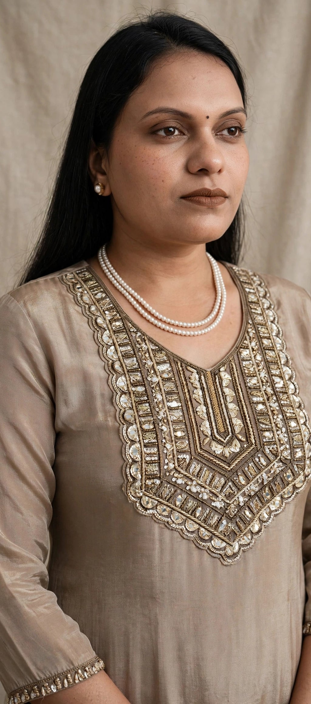 Swarn Rekha – Beige Gold Embellished Festive Suit Set with Scalloped Hem
