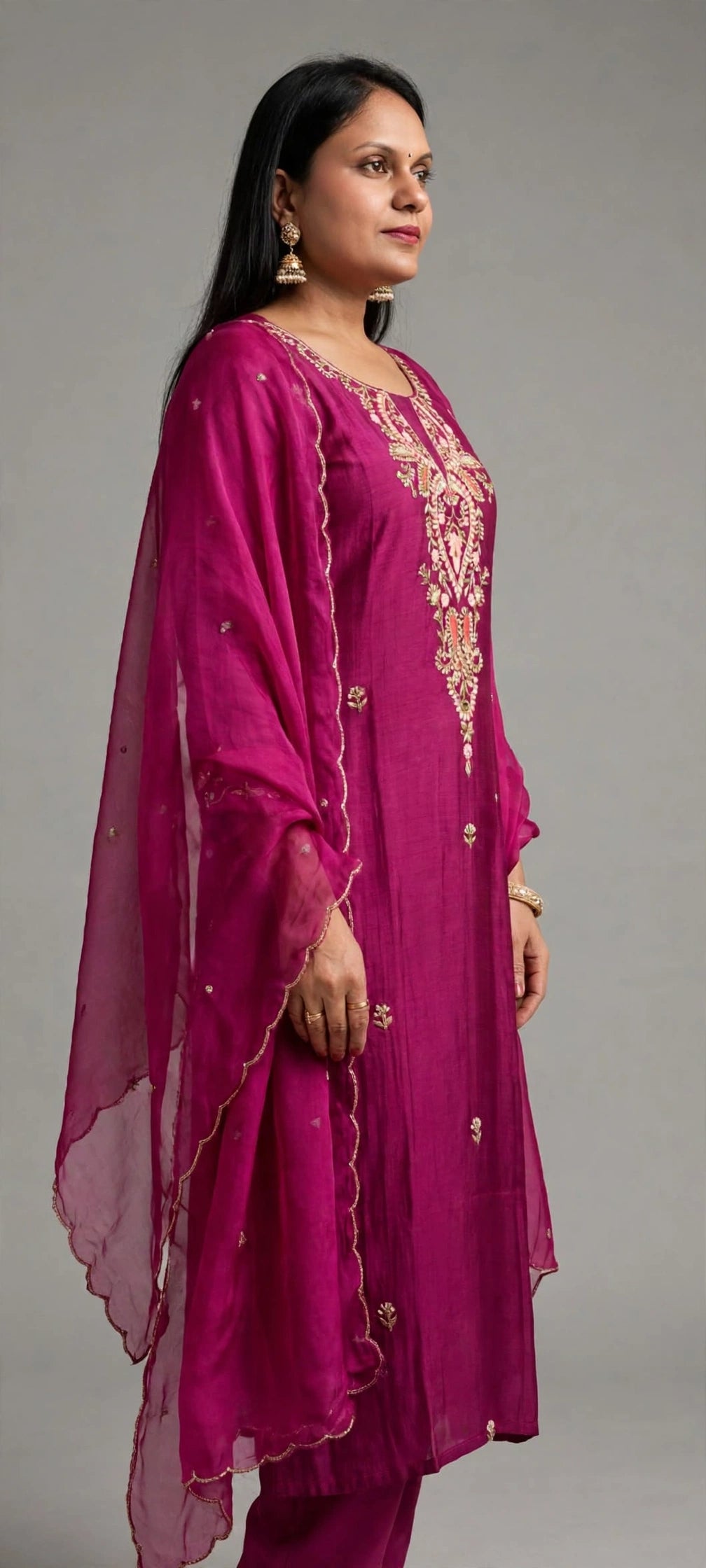 Gulnaar – Rani Pink Zari Embroidered Festive Suit Set with Scalloped Dupatta