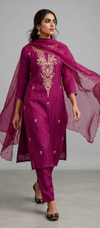 Gulnaar – Rani Pink Zari Embroidered Festive Suit Set with Scalloped Dupatta