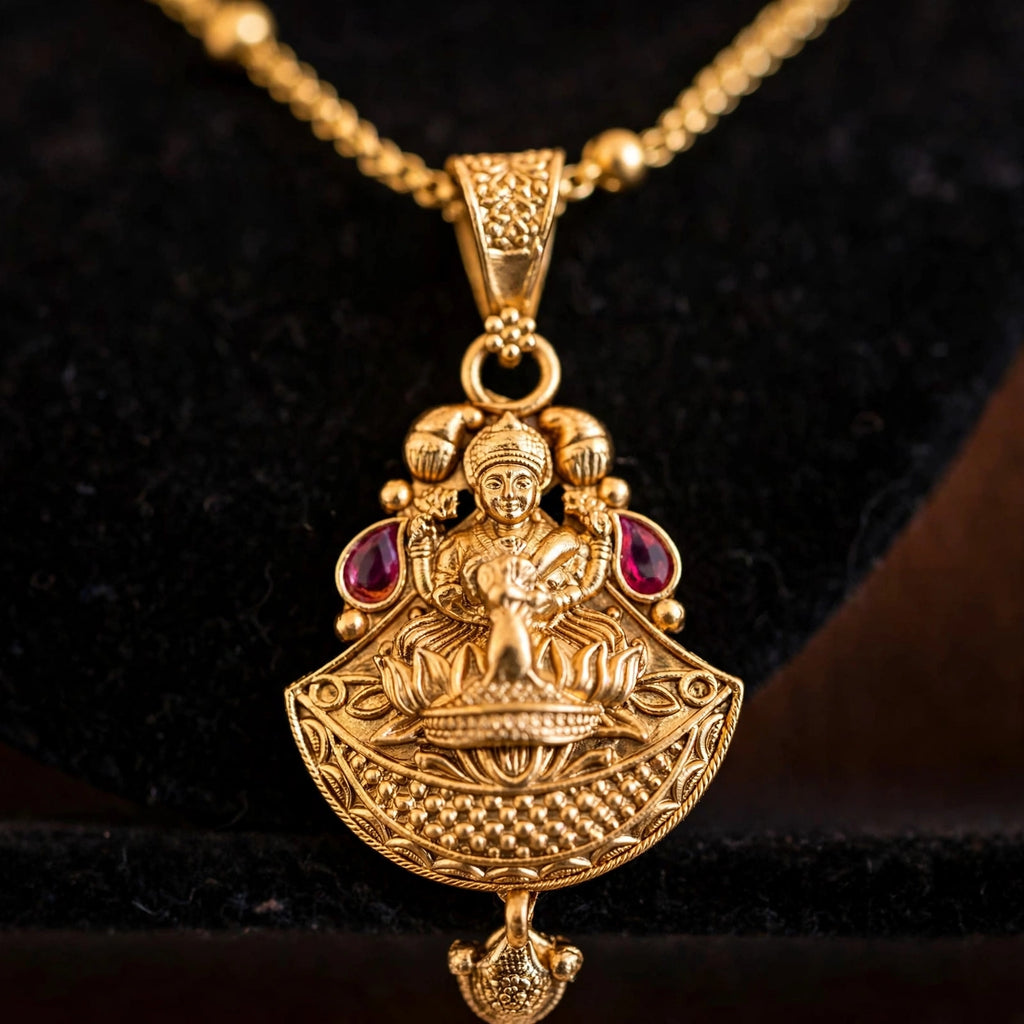 Shri – Antique Gold Finish Lakshmi Temple Pendant Set with Jhumka Earrings
