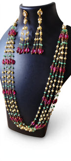 Multi-Strand Pearl Long Necklace Set with Ruby Pink & Green Beads and Tassel Earrings