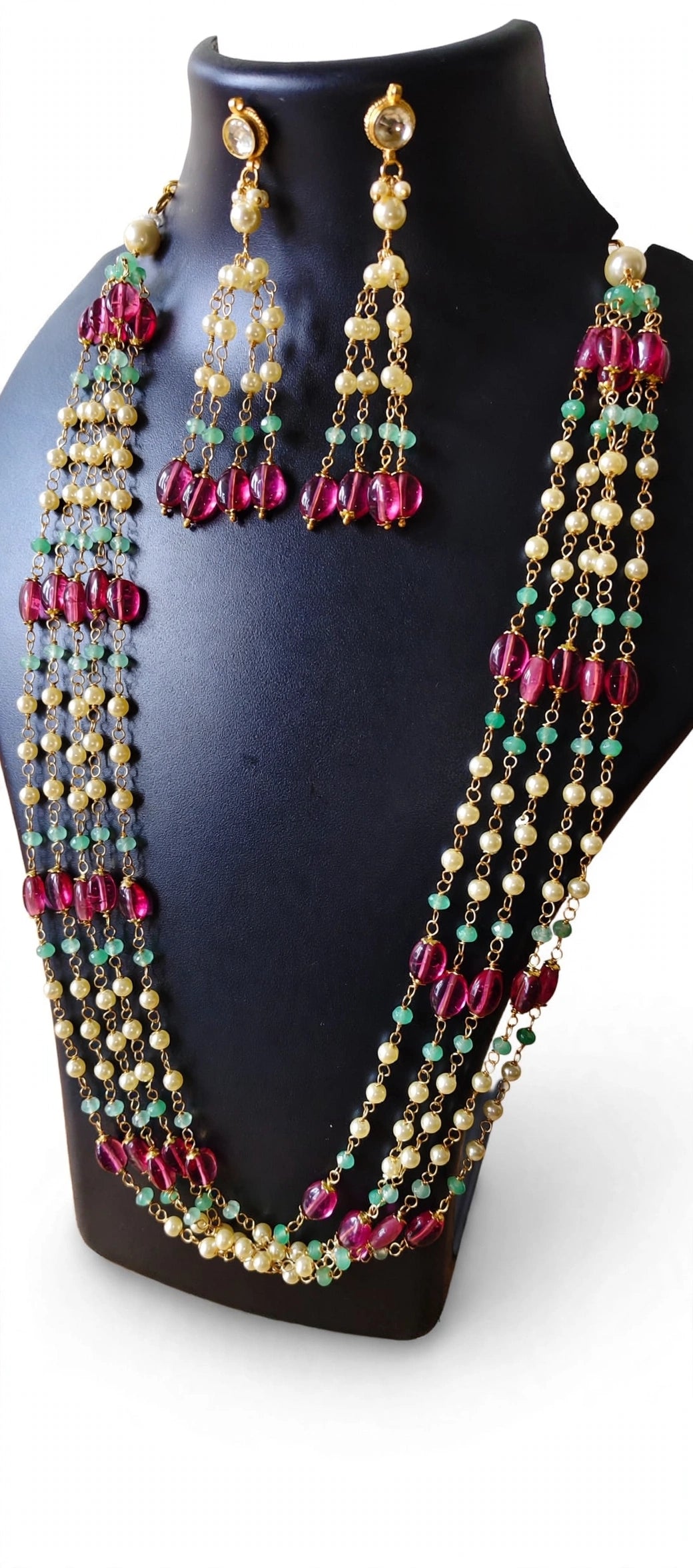 Multi-Strand Pearl Long Necklace Set with Ruby Pink & Green Beads and Tassel Earrings