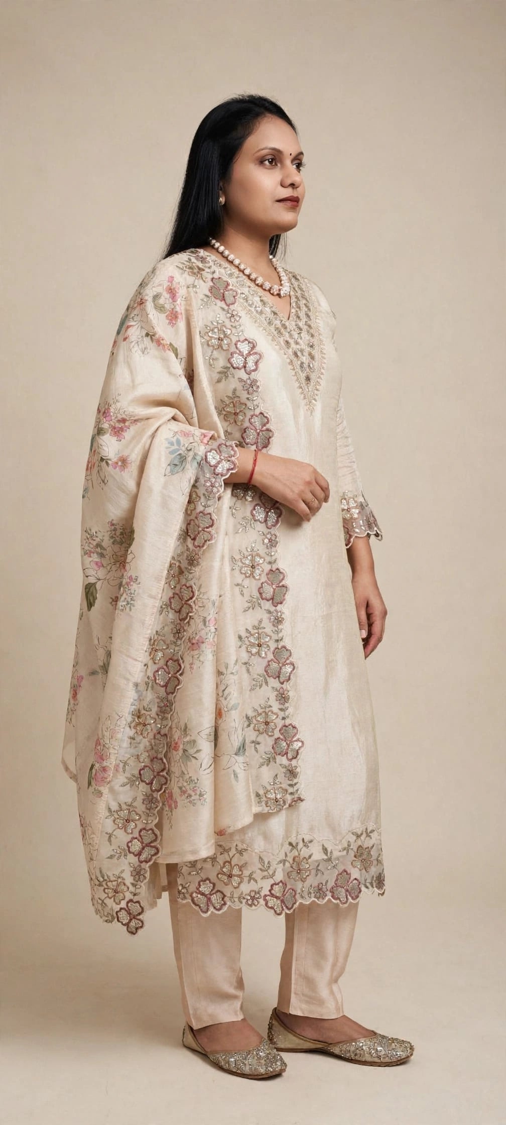 Chandni – Ivory Floral Embroidered Festive Suit Set with Printed Scalloped Dupatta