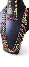Multi-Strand Pearl Long Necklace Set with Ruby Pink & Green Beads and Tassel Earrings