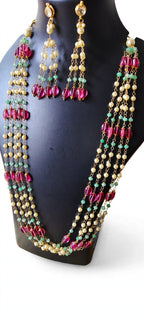 Multi-Strand Pearl Long Necklace Set with Ruby Pink & Green Beads and Tassel Earrings