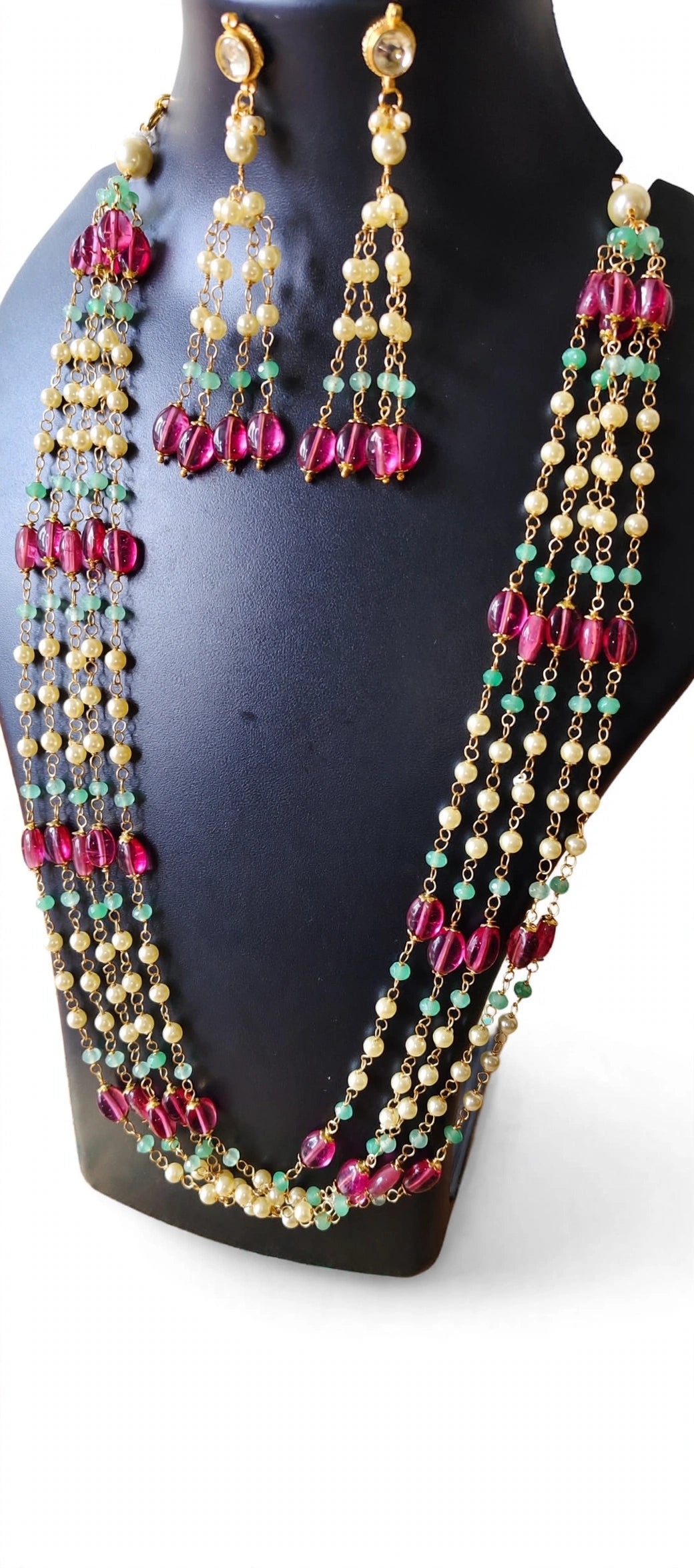 Multi-Strand Pearl Long Necklace Set with Ruby Pink & Green Beads and Tassel Earrings