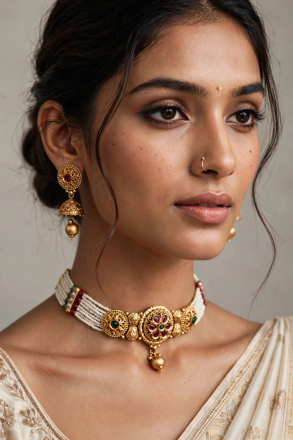 Kumudini – Antique Gold Finish Floral Pearl Choker Set with Jhumka Earrings