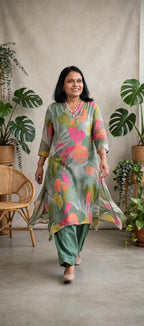 Essential Raw Silk Green Cotton Straight Kurta Palazzo Set