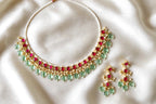 Ruby Pink & Mint Green Bead Drop Pearl Choker Necklace Set with Earrings