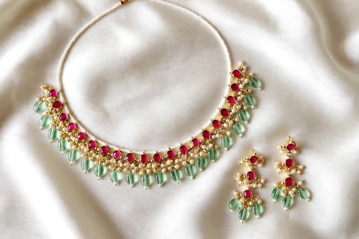 Ruby Pink & Mint Green Bead Drop Pearl Choker Necklace Set with Earrings