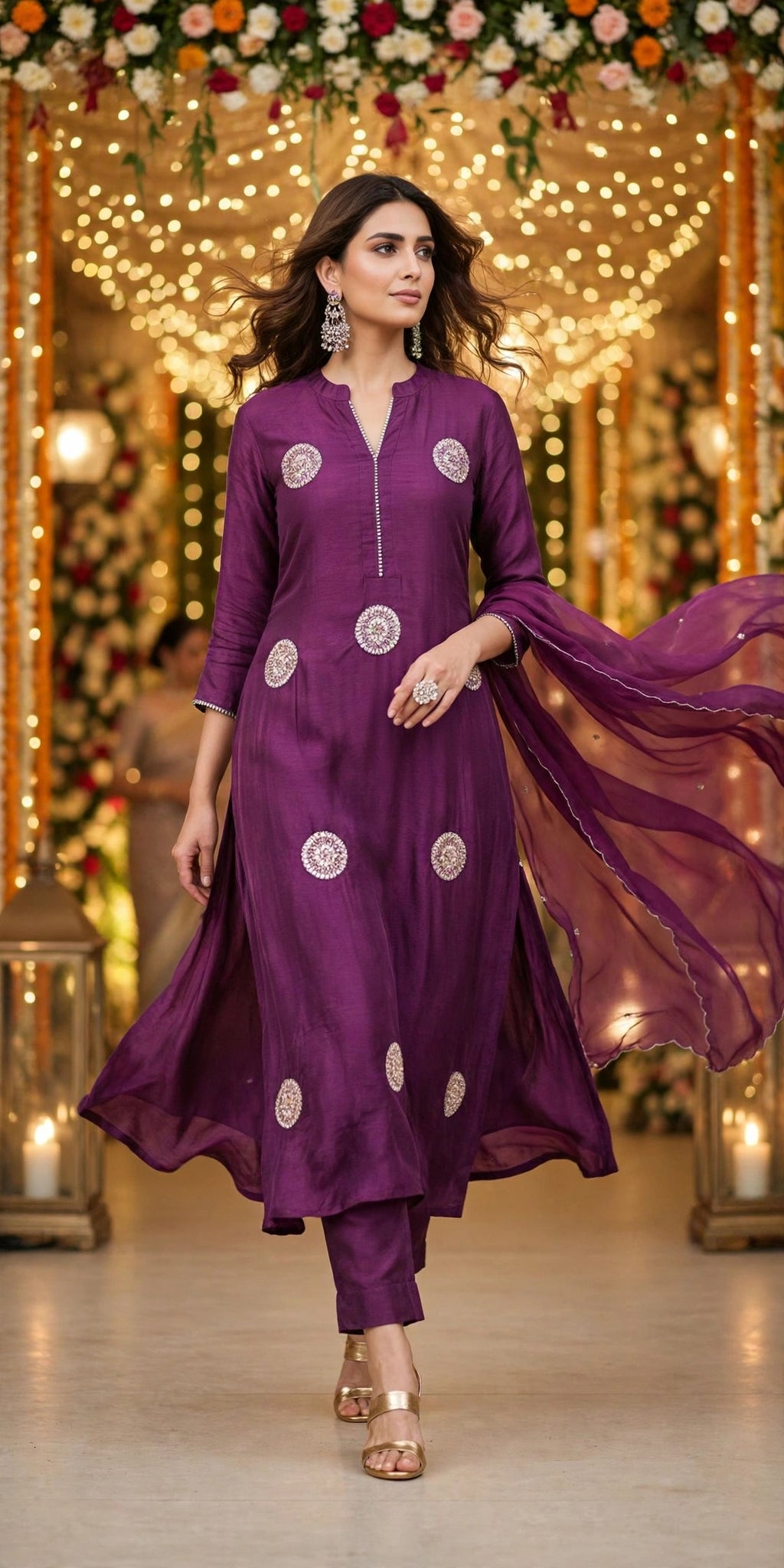 Noor-e-Jamun – Wine Purple Embellished A-Line Festive Suit Set with Organza Scalloped Dupatta