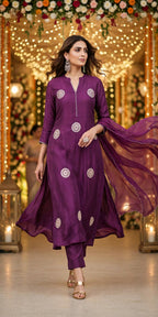 Noor-e-Jamun – Wine Purple Embellished A-Line Festive Suit Set with Organza Scalloped Dupatta