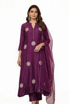 Noor-e-Jamun – Wine Purple Embellished A-Line Festive Suit Set with Organza Scalloped Dupatta