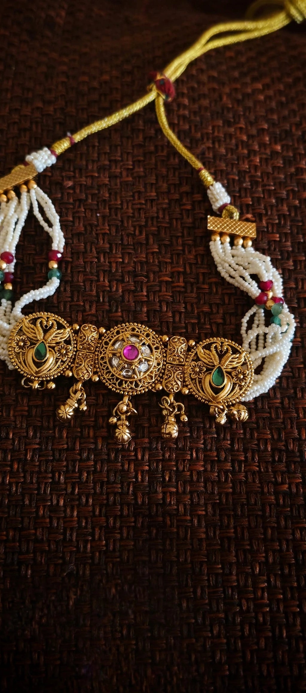 Mayuri – Antique Gold Finish Peacock Pearl Choker Set with Ghungroo Drops