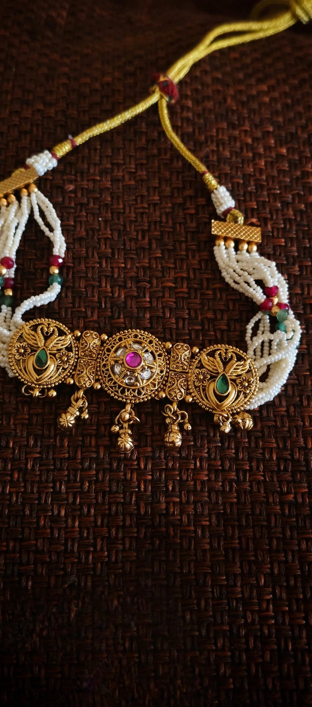 Mayuri – Antique Gold Finish Peacock Pearl Choker Set with Ghungroo Drops