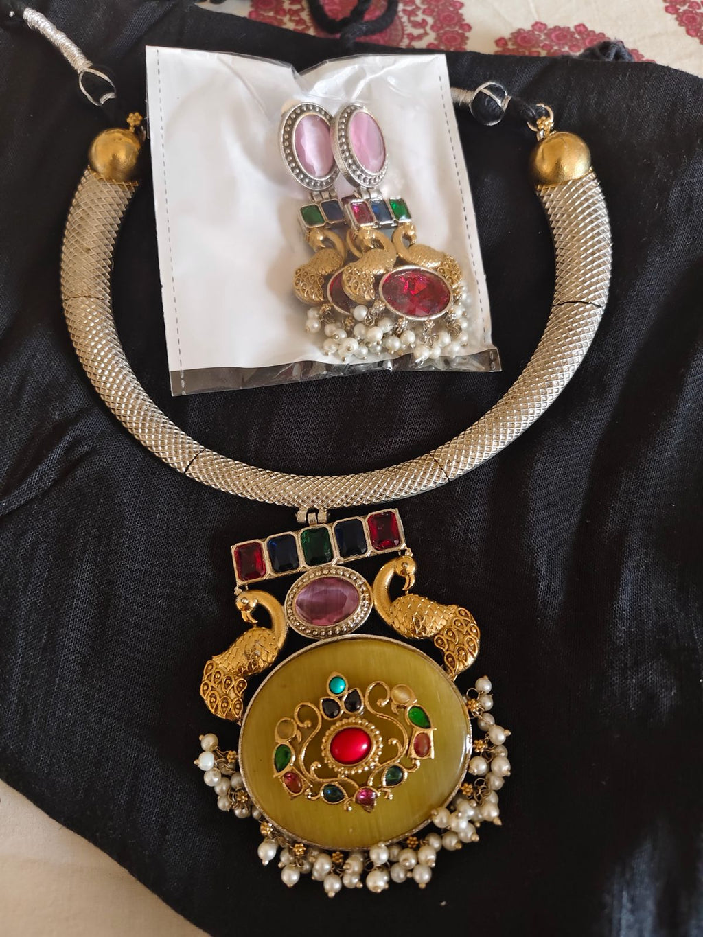 Peacock Navratna Hasli Necklace Set with Mesh Collar