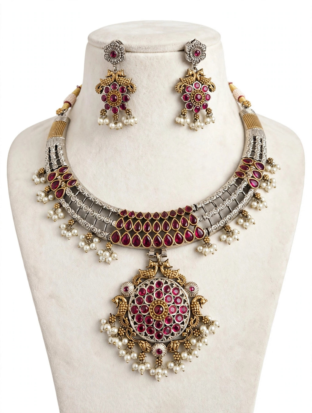 Ruby Mandala Dual-Tone Hasli Set with Pearl Clusters