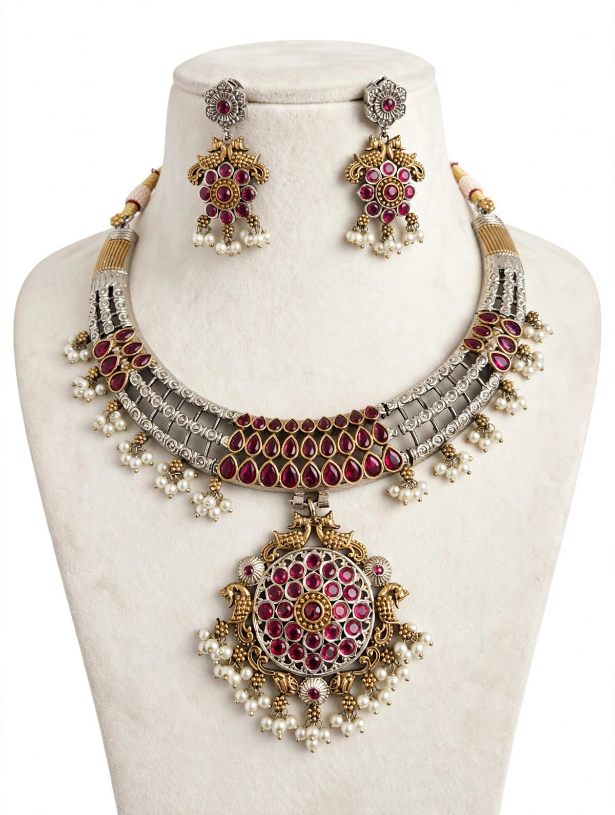 Ruby Mandala Dual-Tone Hasli Set with Pearl Clusters
