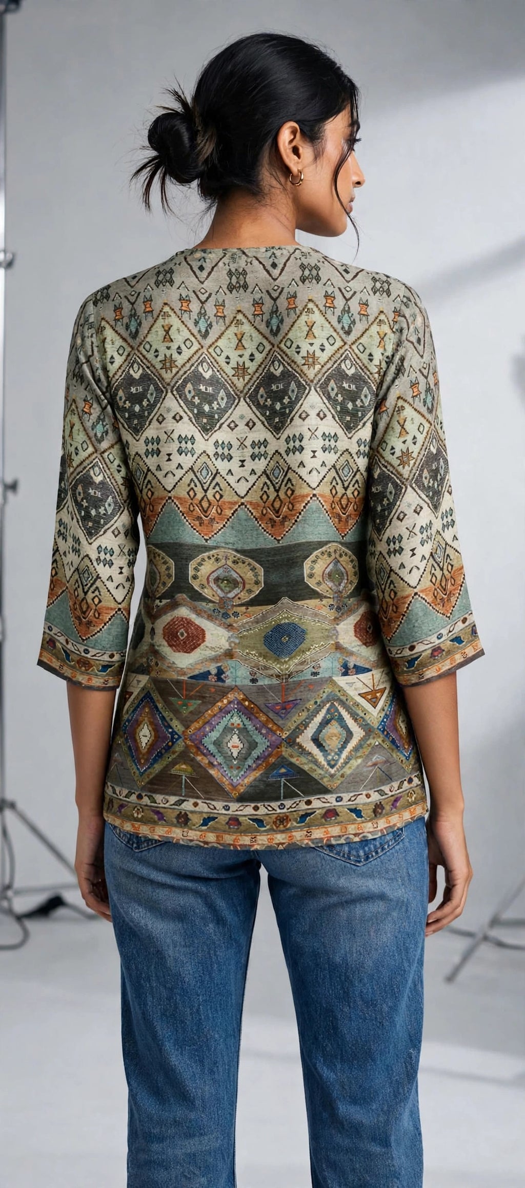 Multicolour Tribal Geometric Print Silk Blend Top – Mandarin Collar Tunic with Three-Quarter Sleeves