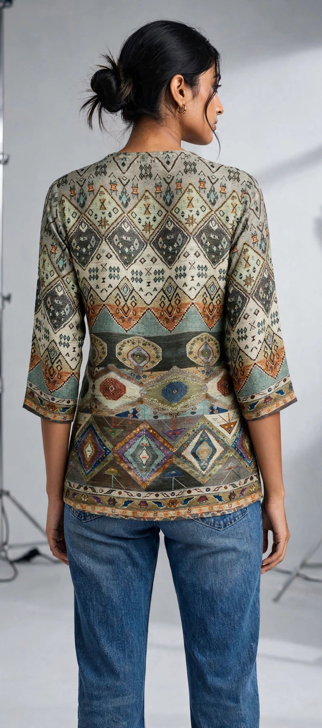 Multicolour Tribal Geometric Print Silk Blend Top – Mandarin Collar Tunic with Three-Quarter Sleeves