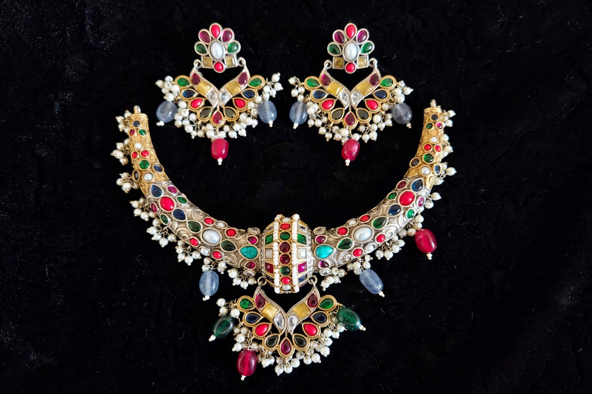 Navratna Multicolour Hasli Set with Pearl Fringe
