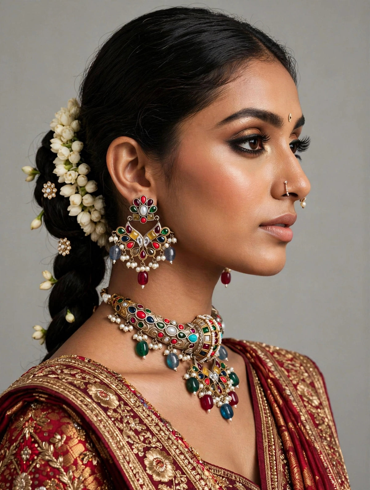 Navratna Multicolour Hasli Set with Pearl Fringe