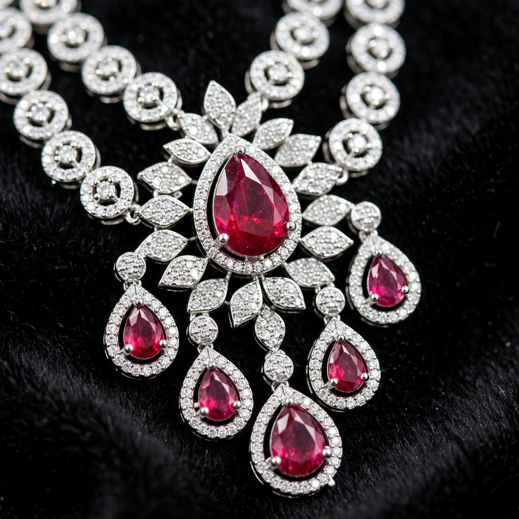 Ruby Pink American Diamond Double-Layer Necklace Set with Earrings & Maang Tikka