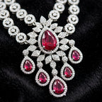 Ruby Pink American Diamond Double-Layer Necklace Set with Earrings & Maang Tikka