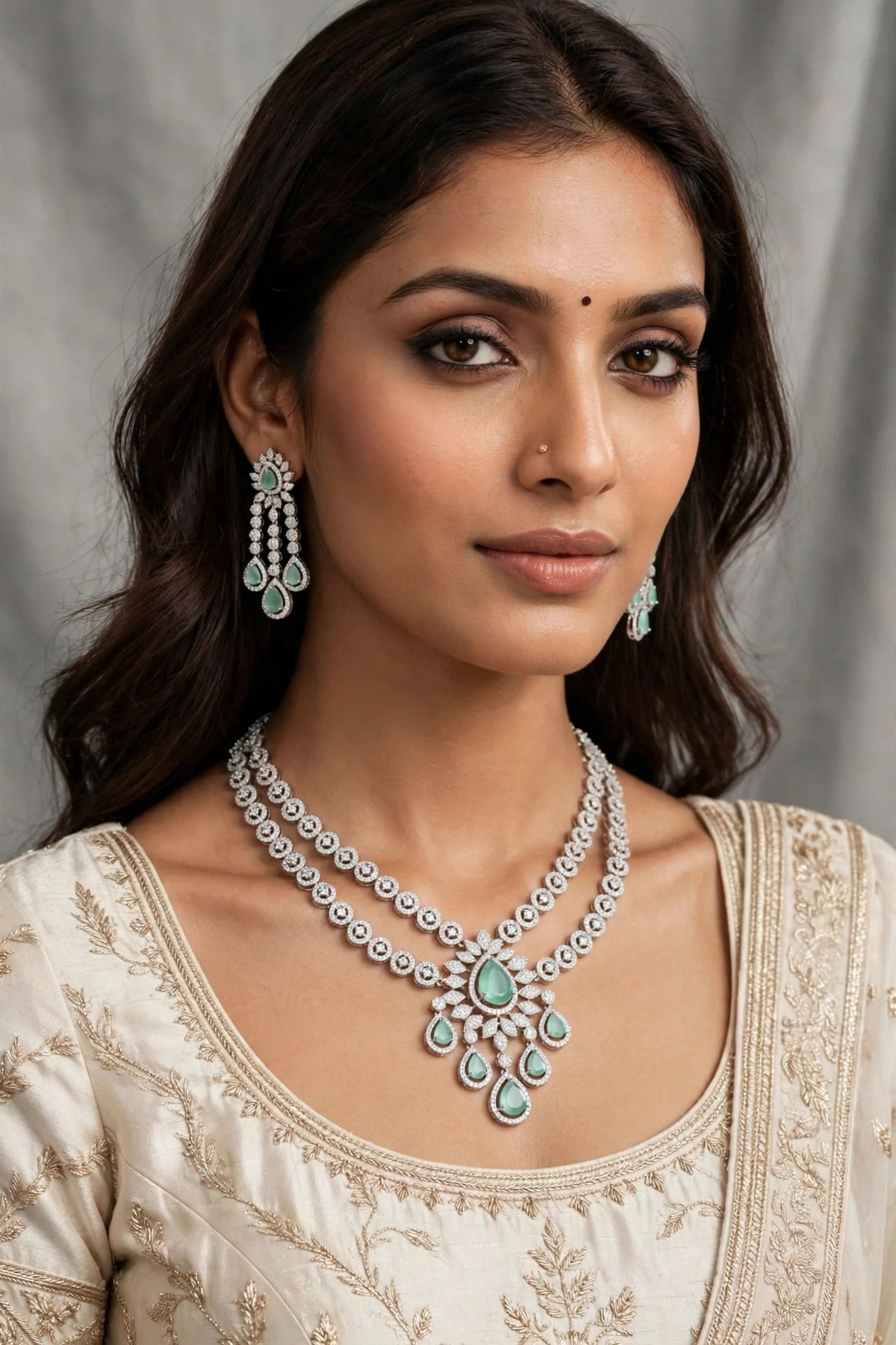 Mint Green American Diamond Double-Layer Necklace Set with Teardrop Pendant & Earrings