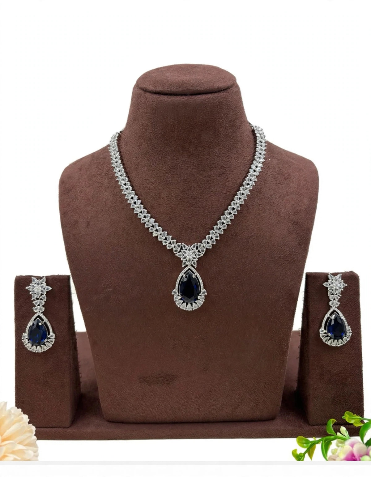 Sapphire Blue American Diamond Teardrop Pendant Necklace Set with Earrings