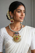 Peacock Navratna Hasli Necklace Set with Mesh Collar
