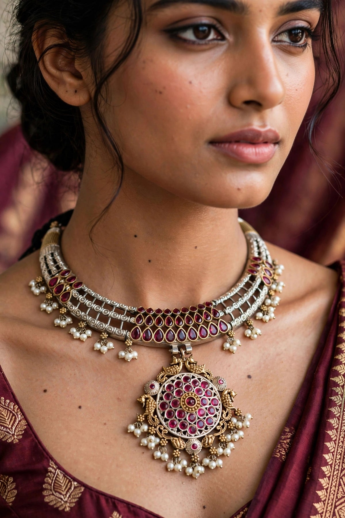 Ruby Mandala Dual-Tone Hasli Set with Pearl Clusters