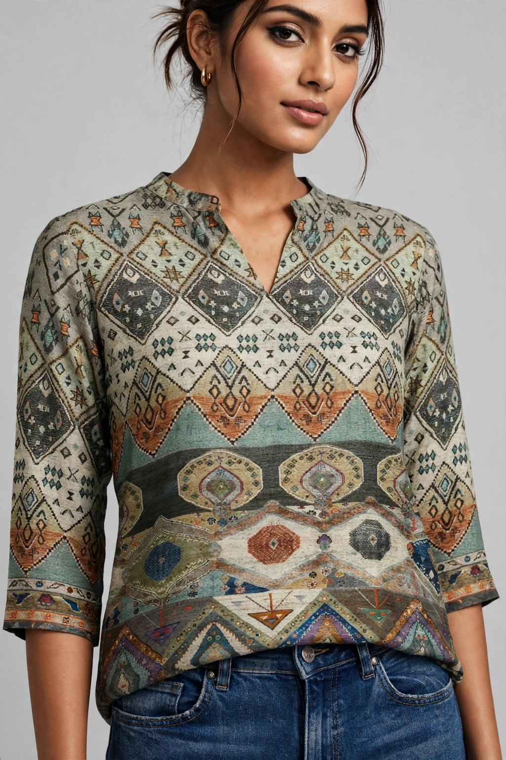 Multicolour Tribal Geometric Print Silk Blend Top – Mandarin Collar Tunic with Three-Quarter Sleeves